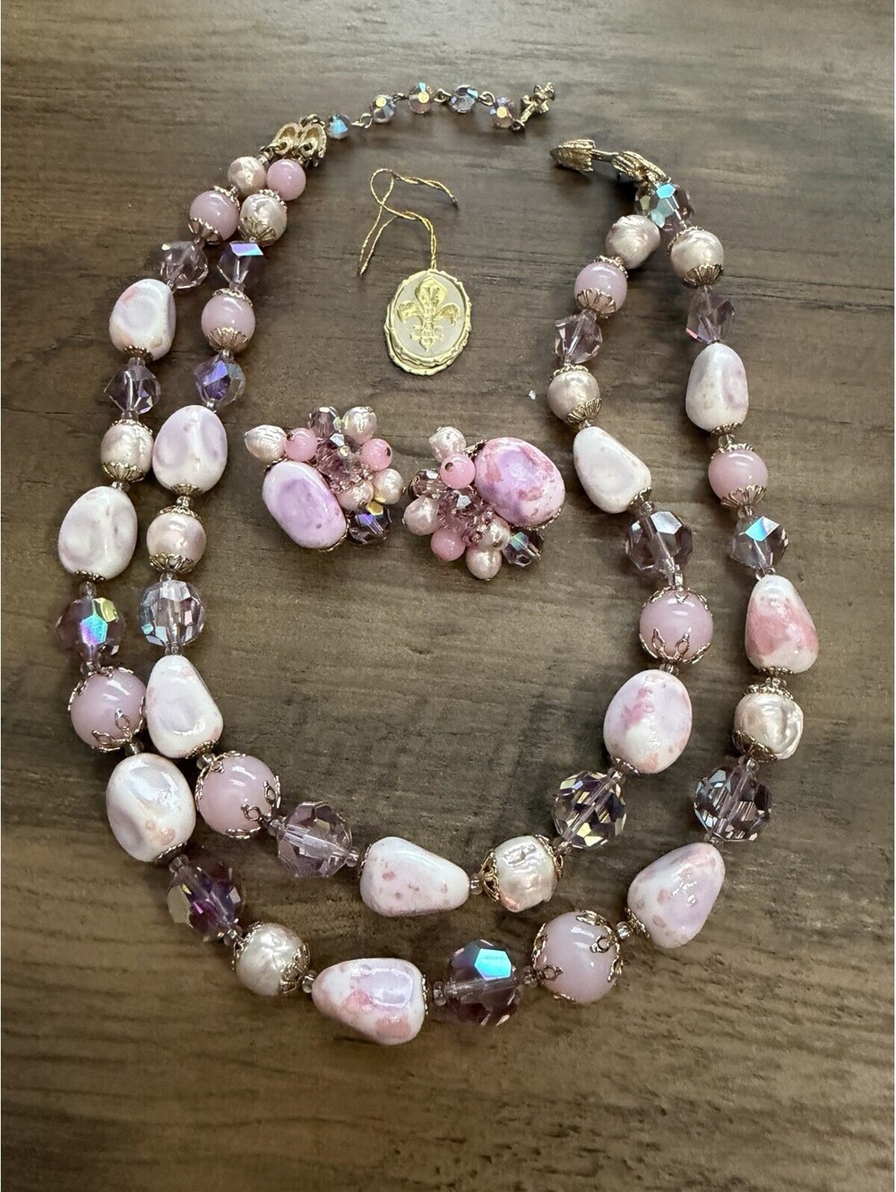 Vendome Vintage Crystal Bead Necklace Double Strand Clip Earring Set Tags